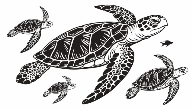 Vector illustration of a group of sea turtles swimming in the ocean with wildlife swimming reptiles