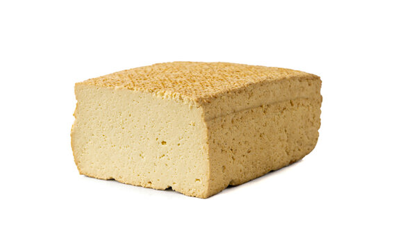 Tofu Cheese Isolated, Smoked Vegan Cheese Slice, Sliced Soya Bean Curd, Soy Protein or TSP