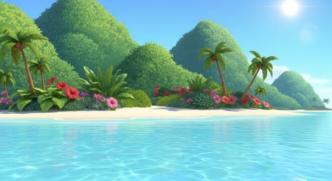 Stunning tropical island lagoon with clear water and lush green mountains