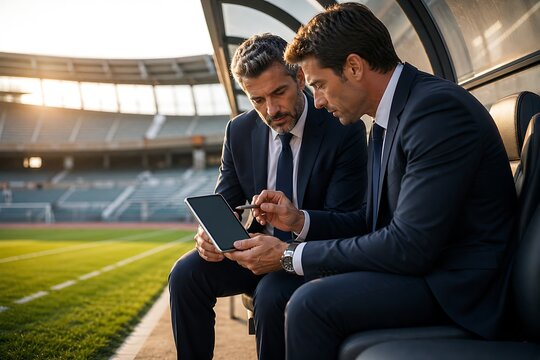 Two football club executives sitting on the team bench at dusk to discuss technical match strategy on a tablet, conveying analytical sports management, tactical planning, and leadership.