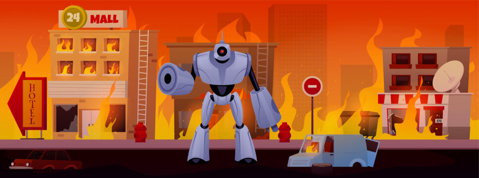 Robot warrior in burning ruined city, vector cartoon transformer battle armed robot, destroyed buildings in fire