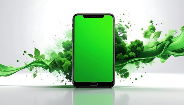 A smartphone with a green screen surrounded by green liquid splashes