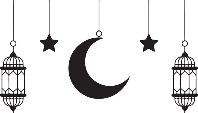 Minimalist Ramadan illustration with hanging lanterns and a crescent moon with stars on white surface