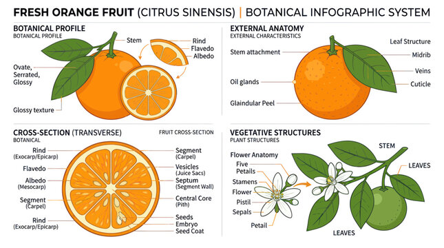 Orange Fruit Botanical Infographic: Anatomy, Cross-Section, and Vegetative Structures