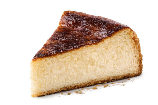 One delicious slice of creamy basque burnt cheesecake with a dark caramelized top and a soft golden texture isolated for bakery menu on transparent background