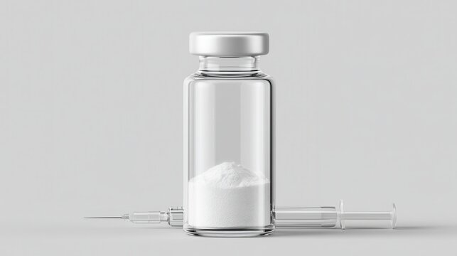 Medical vial with powder and syringe isolated on white background