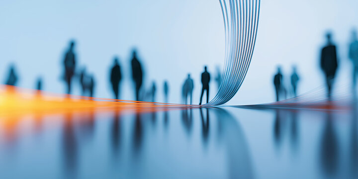 Abstract blurred silhouetted figures stand along flowing orange and silver converging lines on a reflective surface.