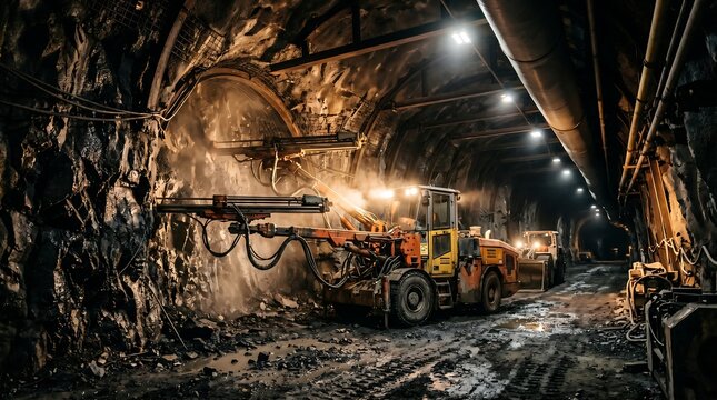 Mining truck in a dark underground mine tunnel