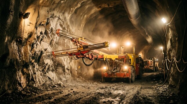 Mining machine in a dark tunnel with lights