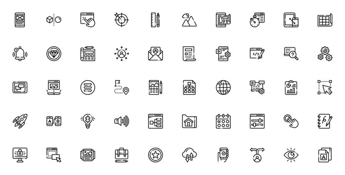 UX UI icon set. Minimal line icon pack. Featuring smartphone, interaction, design, wireframe, app, coding, user, preview, font and more. Editable vector stroke.