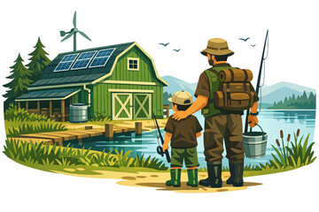 Fototapeta premium Illustration of a father and his child on the shoreline near a barn with solar panels, enjoying outdoor activities such as fishing and bird watching. The image conveys a sense of family bonding,