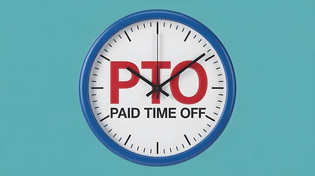 3d render of round clock with blue frame and pto paid time off text on white face