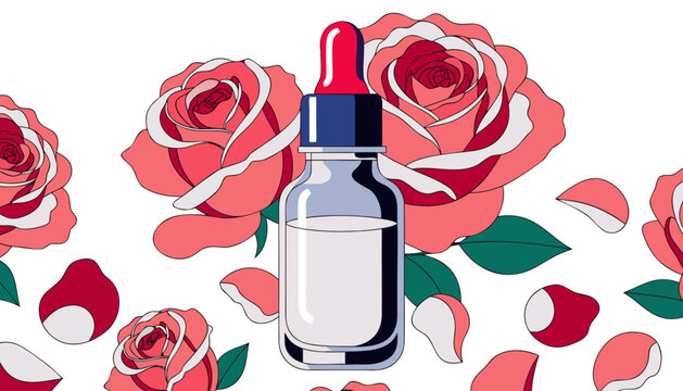 Very beautiful luxury skincare serum bottle surrounded by prominent vibrant blooming roses and richly colored rose petals, featuring elegant glass packaging, premium wellness aesthetics, feminine beau