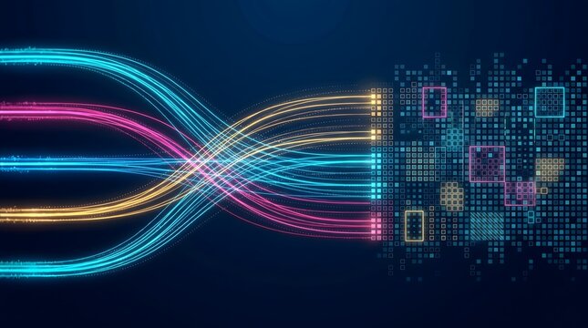 Digital data processing concept with glowing fiber optic cables weaving together and transforming into a technological information grid
