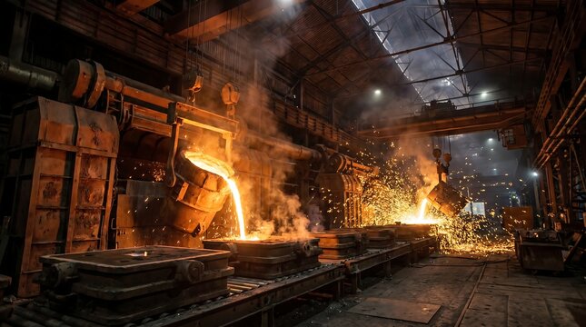 Molten metal pouring in a foundry factory