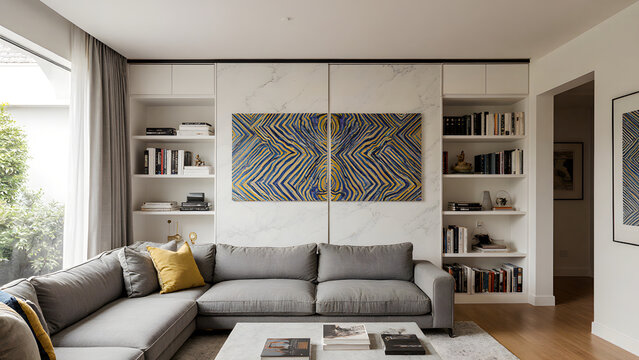 Modern Living Room with Geometric Abstract Art Panels on Wall