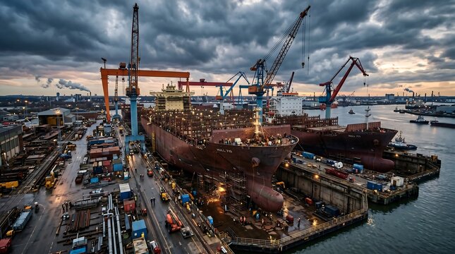Industrial shipyard with cranes and boats