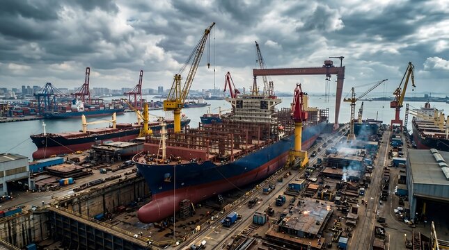 Busy harbor with shipyard cranes and boats