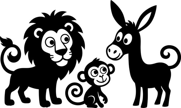 Cartoon lion monkey and donkey silhouette graphic with silhouette