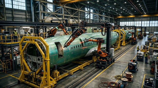 Airplane fuselage assembly in a factory