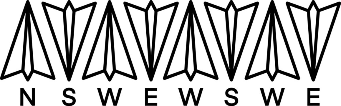 Repeating compass directional arrow symbols line art with black