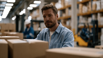 Obraz premium Warehouse logistics team sorting shipments under industrial lighting during a post-Labor Day inventory surge, forklifts and pallet jacks in motion, supply chain operations workforce fulfillment cent