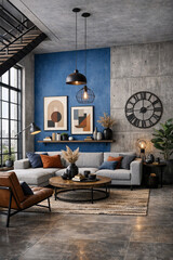Fototapeta premium A stylish living room with blue walls, a gray sofa, and a round wooden coffee table. The space is decorated with contemporary furnishings including patterned wall art, decorative items on the shelves,
