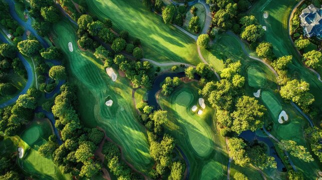 Aerial View of Golf Course Community with Water Hazard and Residential Home