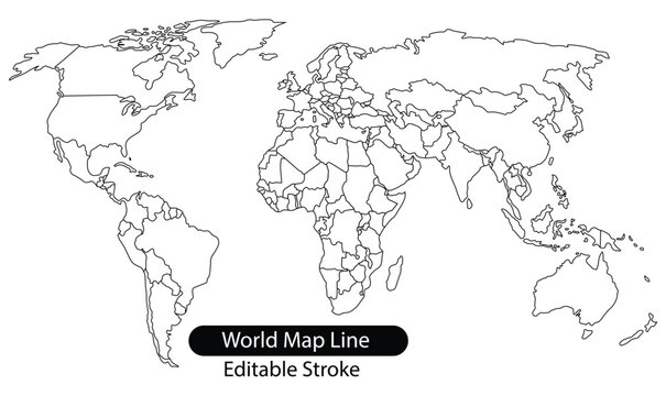 Simple black outline world map with country borders Vector