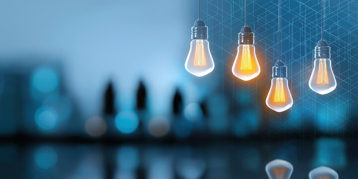 Four glowing filament lightbulbs hang in a row against a dark blue background with abstract geometric shapes.