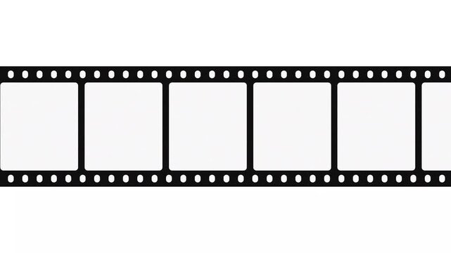 Vintage black film strip 4k animation. Moving diagonally across a white background with blank frames for video editing overlay