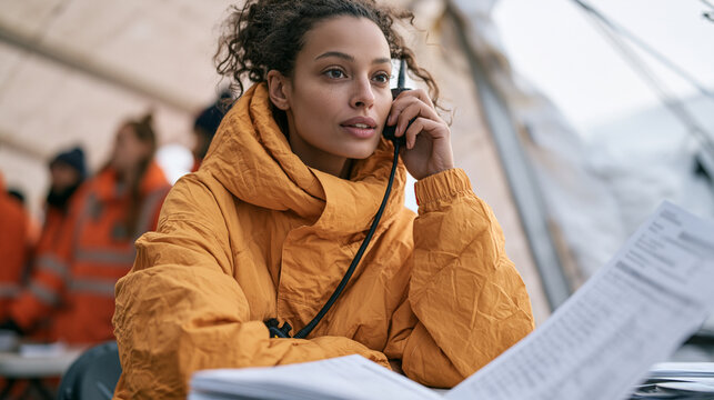 Volunteer coordinator reviews shift assignments at a folding table inside a community emergency operations tent, walkie-talkie at ear, paper roster spread wide, first responders in training gear que