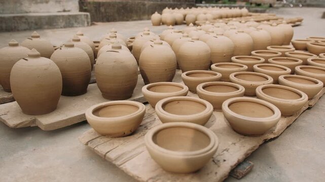 Handmade pottery drying outdoors in a traditional workshop, Vietnam