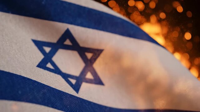 Israeli flag with blue stripes and Star of David partially illuminated by flames, showcasing the fabric texture and vibrant colors against a warm background