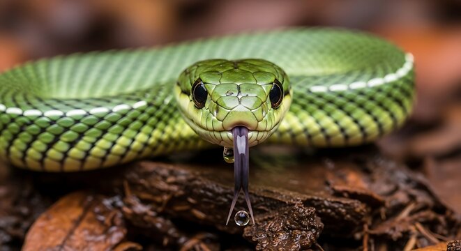 Close up of green tree python coiled on branch.