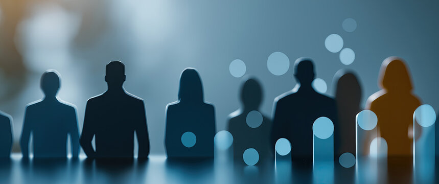 Abstract blue silhouette crowd with glowing bokeh lights representing business community concept.