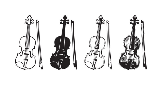 Collection of four violin and bow illustrations in varied styles: line art, solid silhouette, etching, and hand-drawn doodle engraving