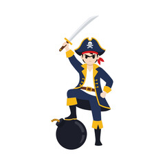 Obraz premium A pirate boy standing with one foot on a large black bomb. Flat vector mascot design