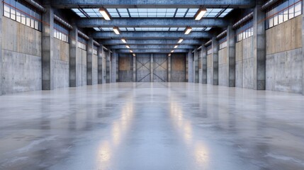 Obraz premium Spacious Industrial Warehouse Interior with High Ceilings and Concrete Flooring Under Natural Light
