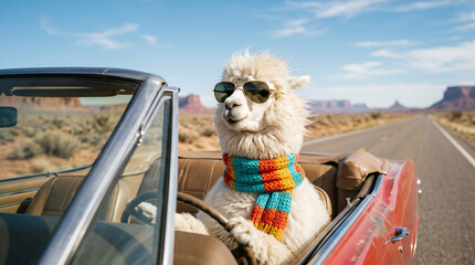 Naklejka premium Fluffy White Alpaca Wearing Oversized Aviator Sunglasses and a Colorful Knitted Scarf Driving a Vintage Red Convertible 