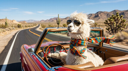 Naklejka premium Fluffy White Alpaca Wearing Oversized Aviator Sunglasses and a Colorful Knitted Scarf Driving a Vintage Red Convertible 