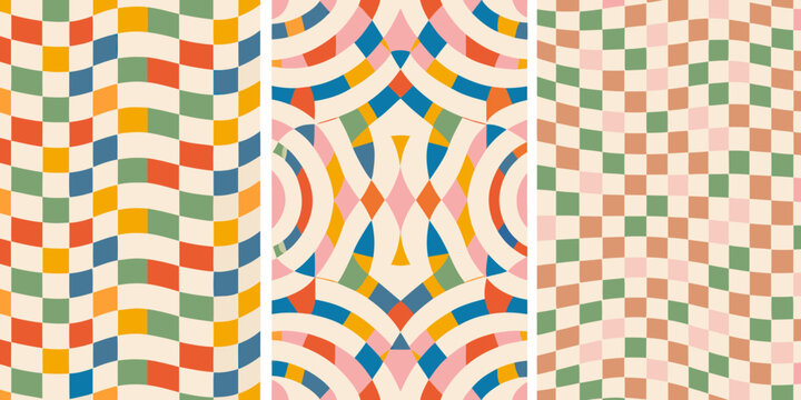 wavy checkerboard patterns triptych pattern geometric abstract