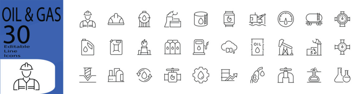 Oil & Gas line editable icon set. Editable stroke. Vector illustration.