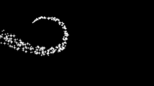 White glittering star particle trail forming a single loop on black background, alpha channel magical swirl