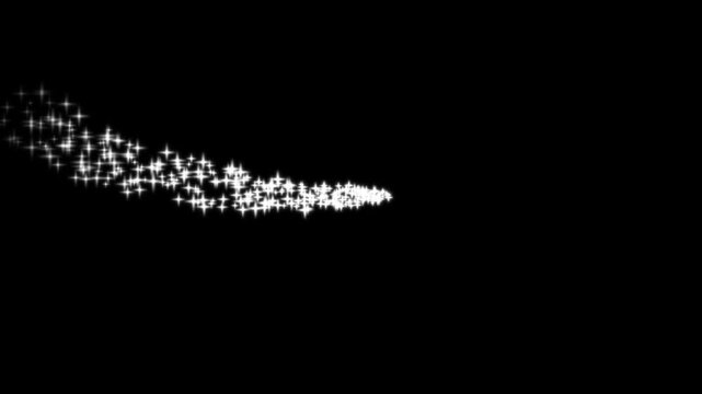 White glittering star particle trail swooshing on black background, alpha channel magical stardust overlay