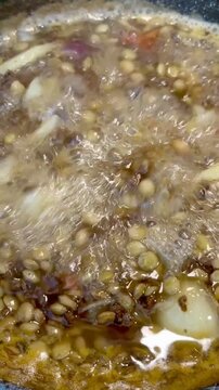 Vertical Close Up of Simmering Home Cooked Lentil Soup in Pot