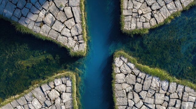 Aerial View of Ancient Stone Canal System with Blue Water and Greenery