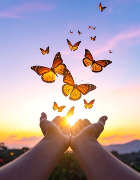 A pair of hands releasing butterflies at sunset
