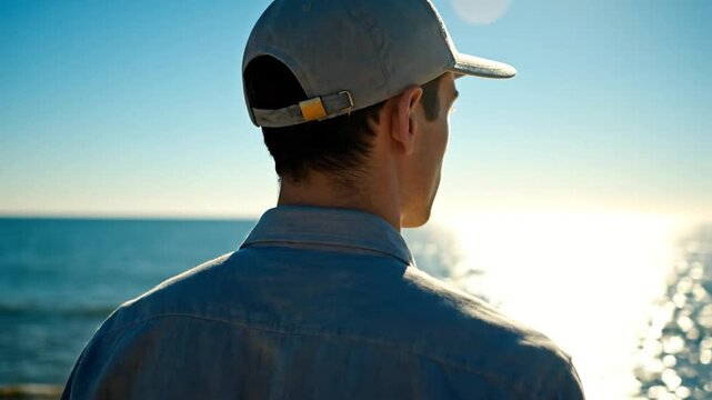 Young man in a blue cap and shirt looking at the calm ocean under a bright clear sky