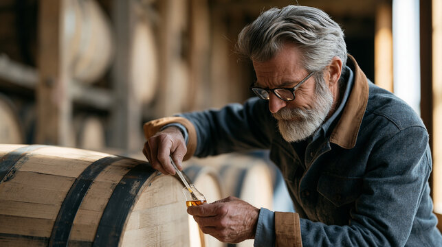 Master distiller at a Kentucky aging warehouse tilting a charred oak barrel to sample amber liquid through a thief pipette, rickhouse shelves receding into autumn afternoon light, spirits industry c